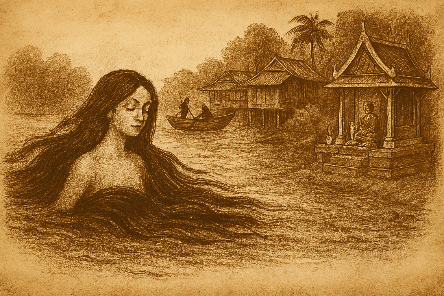 Sepia-toned parchment illustration of the Thai legend Nang Choom Num, the Water Guardian of Mae Klong River. In the foreground, the serene spirit maiden rises from the river, her long black hair flowing and merging with the water’s gentle currents. Her eyes are closed, and her expression is peaceful. To the right, a small ornate shrine stands on the riverbank, adorned with jasmine garlands and lit candles. Nearby, two fishermen in a wooden boat drift quietly, while traditional Thai stilt houses nestle among palm trees in the background. The atmosphere evokes reverence, mystery, and the enduring presence of a protective river spirit. “OldFolktales.com” is inscribed at the bottom right.