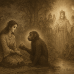 Sepia-toned parchment illustration of the Sundanese folktale Lutung Kasarung. In a forest clearing, Princess Purbasari sits gracefully by a stream, her expression serene yet sorrowful, dressed in flowing traditional Sundanese garments. Beside her, Lutung Kasarung, a langur monkey with wise, glowing eyes, kneels reverently, offering her fruit. In the background, Purbararang and her courtiers watch in shock as divine light surrounds the langur, transforming him into Guru Minda, a radiant celestial prince in shimmering robes. Villagers and nobles kneel in awe beneath towering trees and mist, symbolizing purity, betrayal, and heavenly justice. “OldFolktales.com” is inscribed at the bottom right.