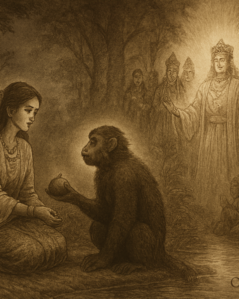Sepia-toned parchment illustration of the Sundanese folktale Lutung Kasarung. In a forest clearing, Princess Purbasari sits gracefully by a stream, her expression serene yet sorrowful, dressed in flowing traditional Sundanese garments. Beside her, Lutung Kasarung, a langur monkey with wise, glowing eyes, kneels reverently, offering her fruit. In the background, Purbararang and her courtiers watch in shock as divine light surrounds the langur, transforming him into Guru Minda, a radiant celestial prince in shimmering robes. Villagers and nobles kneel in awe beneath towering trees and mist, symbolizing purity, betrayal, and heavenly justice. “OldFolktales.com” is inscribed at the bottom right.