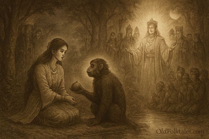 Sepia-toned parchment illustration of the Sundanese folktale Lutung Kasarung. In a forest clearing, Princess Purbasari sits gracefully by a stream, her expression serene yet sorrowful, dressed in flowing traditional Sundanese garments. Beside her, Lutung Kasarung, a langur monkey with wise, glowing eyes, kneels reverently, offering her fruit. In the background, Purbararang and her courtiers watch in shock as divine light surrounds the langur, transforming him into Guru Minda, a radiant celestial prince in shimmering robes. Villagers and nobles kneel in awe beneath towering trees and mist, symbolizing purity, betrayal, and heavenly justice. “OldFolktales.com” is inscribed at the bottom right.