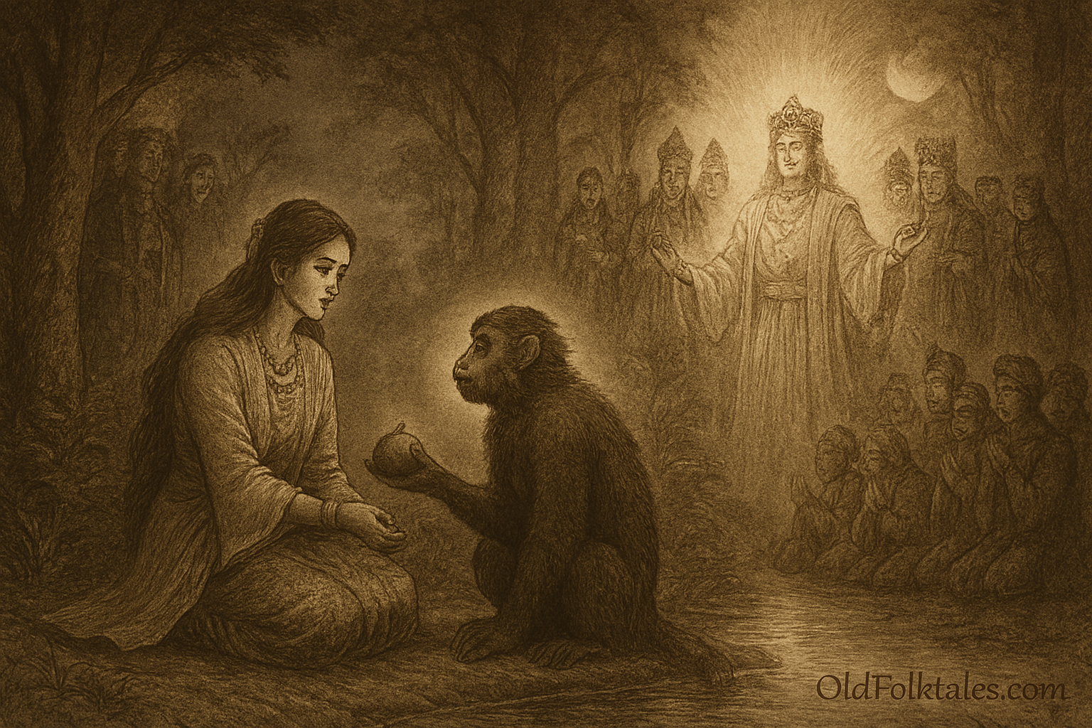Sepia-toned parchment illustration of the Sundanese folktale Lutung Kasarung. In a forest clearing, Princess Purbasari sits gracefully by a stream, her expression serene yet sorrowful, dressed in flowing traditional Sundanese garments. Beside her, Lutung Kasarung, a langur monkey with wise, glowing eyes, kneels reverently, offering her fruit. In the background, Purbararang and her courtiers watch in shock as divine light surrounds the langur, transforming him into Guru Minda, a radiant celestial prince in shimmering robes. Villagers and nobles kneel in awe beneath towering trees and mist, symbolizing purity, betrayal, and heavenly justice. “OldFolktales.com” is inscribed at the bottom right.