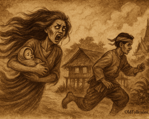 Sepia-toned parchment illustration of Mae Nak, Thailand’s legendary ghost, chasing her husband Mak through a misty village. Mae Nak appears anguished and supernatural, with flowing hair, a contorted face, and a baby cradled in her arm. Mak flees in terror, glancing back as he runs. A traditional stilted Thai house glows in the background, with a temple spire rising beyond the trees. “OldFolktales.com” is inscribed at the bottom right.