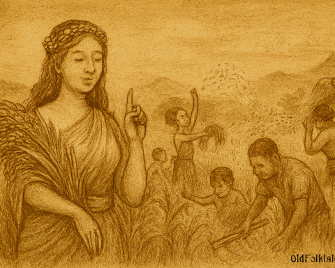 Sepia-toned parchment illustration of Mae Phosop, the Rice Mother of Laos, standing gracefully in a lush rice field. She holds a sheaf of rice and raises one finger as she gently speaks to a Lao farmer, who listens intently while holding a harvesting tool. Misty mountains and distant workers in the paddies form the background, evoking themes of reverence, abundance, and forgotten rituals. “OldFolktales.com” is inscribed at the bottom right.