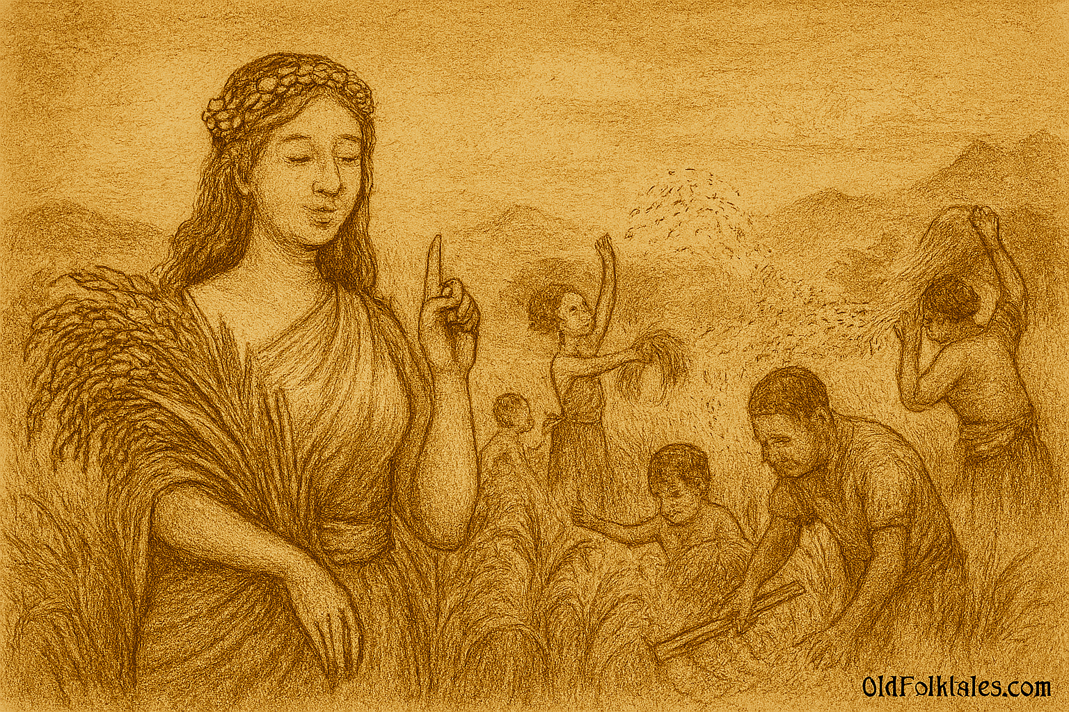 Sepia-toned parchment illustration of Mae Phosop, the Rice Mother of Laos, standing gracefully in a lush rice field. She holds a sheaf of rice and raises one finger as she gently speaks to a Lao farmer, who listens intently while holding a harvesting tool. Misty mountains and distant workers in the paddies form the background, evoking themes of reverence, abundance, and forgotten rituals. “OldFolktales.com” is inscribed at the bottom right.