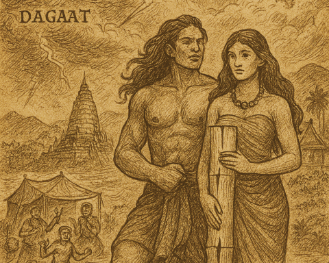 sepia-toned parchment-style illustration of Malakas and Maganda . It captures the breathtaking moment when the primordial bamboo splits open on the island’s shore, releasing the first man and woman into a world newly born from the clash of Sky and Sea. The majestic bird circles above them in blessing, while Langit and Dagat swirl in the background. The inscription OldFolktales.com appears at the bottom right