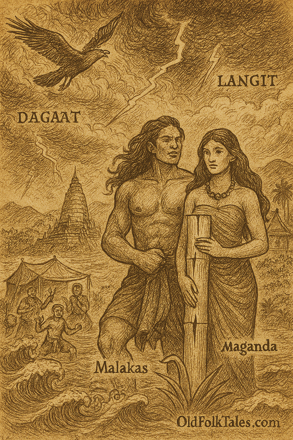 sepia-toned parchment-style illustration of Malakas and Maganda . It captures the breathtaking moment when the primordial bamboo splits open on the island’s shore, releasing the first man and woman into a world newly born from the clash of Sky and Sea. The majestic bird circles above them in blessing, while Langit and Dagat swirl in the background. The inscription OldFolktales.com appears at the bottom right