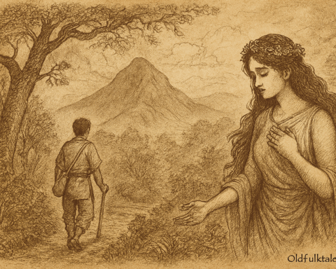 sepia-toned parchment illustration of Maria Makiling’s bittersweet legend is ready. It captures the moment of heartbreak—Maria Makiling standing in sorrow as the mortal man walks away, the forest around her beginning to fade, and Mount Makiling looming in the misty background. At the bottom right, the inscription OldFolktales.com is included.