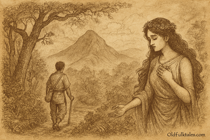 sepia-toned parchment illustration of Maria Makiling’s bittersweet legend is ready. It captures the moment of heartbreak—Maria Makiling standing in sorrow as the mortal man walks away, the forest around her beginning to fade, and Mount Makiling looming in the misty background. At the bottom right, the inscription OldFolktales.com is included.