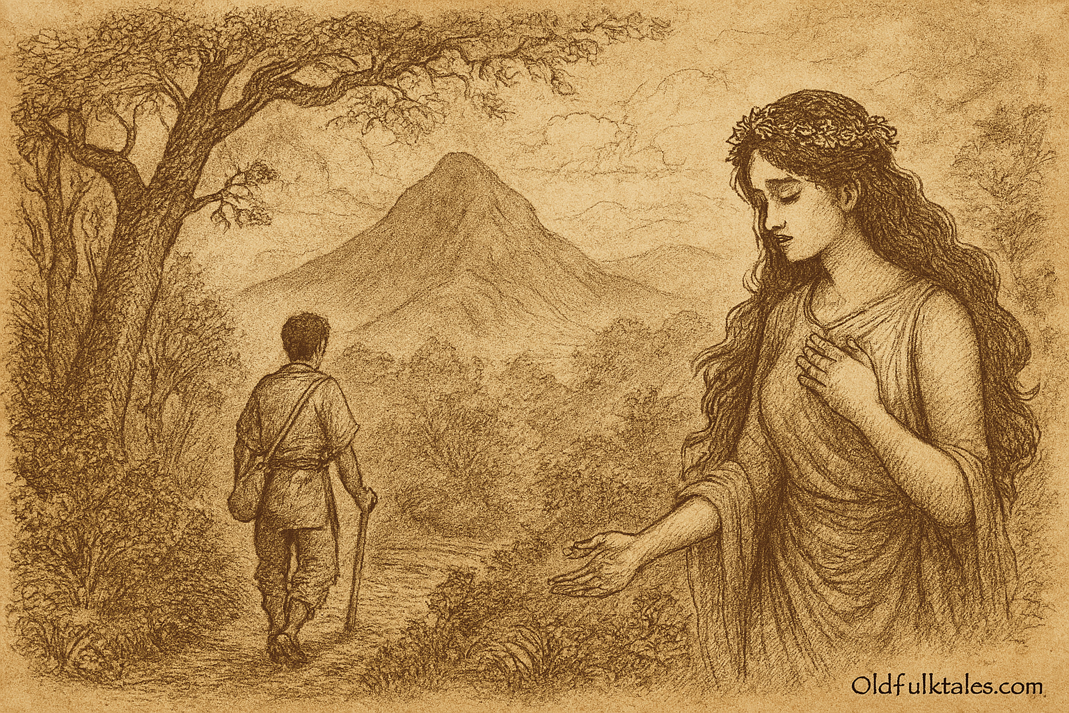 sepia-toned parchment illustration of Maria Makiling’s bittersweet legend is ready. It captures the moment of heartbreak—Maria Makiling standing in sorrow as the mortal man walks away, the forest around her beginning to fade, and Mount Makiling looming in the misty background. At the bottom right, the inscription OldFolktales.com is included.