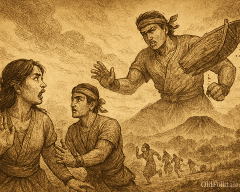 Sepia-toned parchment illustration of the Sundanese legend of Sangkuriang. In the foreground, Dayang Sumbi recoils in anguish as her grown son unknowingly embraces her, unaware of their true relationship. Behind them, villagers flee in panic as a colossal Sangkuriang, consumed by rage, hurls an unfinished boat into the sky. The boat tumbles toward the misty highlands, forming the iconic shape of Mount Tangkuban Perahu in the background. “OldFolktales.com” is inscribed at the bottom right, anchoring the scene in myth and sorrow.