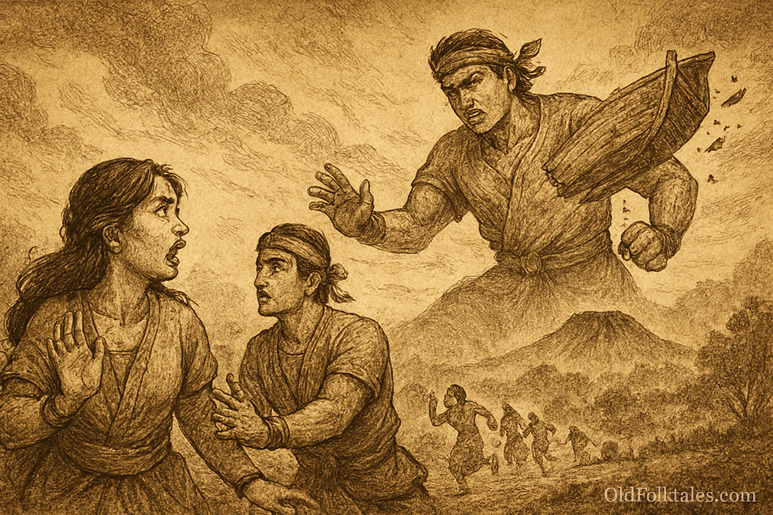 Sepia-toned parchment illustration of the Sundanese legend of Sangkuriang. In the foreground, Dayang Sumbi recoils in anguish as her grown son unknowingly embraces her, unaware of their true relationship. Behind them, villagers flee in panic as a colossal Sangkuriang, consumed by rage, hurls an unfinished boat into the sky. The boat tumbles toward the misty highlands, forming the iconic shape of Mount Tangkuban Perahu in the background. “OldFolktales.com” is inscribed at the bottom right, anchoring the scene in myth and sorrow.