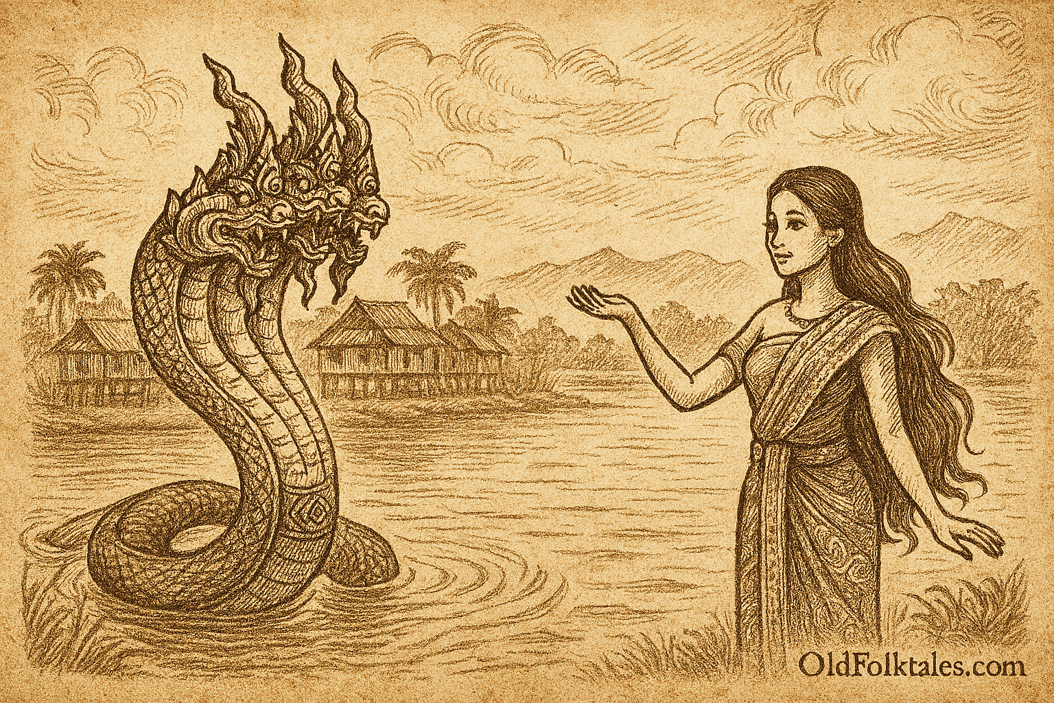 Sepia-toned illustration on aged parchment showing a dramatic scene from a Thai folktale. On the left, a fierce multi-headed Naga serpent rises from stormy waters, its central head crowned with curved horns and bared fangs. In the center, a Naga princess in human form stands protectively with one arm extended toward the serpent, her expression resolute. She wears a traditional patterned pha sin and has long flowing hair. On the right, a kneeling prince in ornate royal attire and headpiece clasps his hands in prayer, eyes closed, leaning into the princess’s embrace. Behind them, waves crash and clouds swirl ominously. “OldFolktales.com” is inscribed in the bottom right corner.
