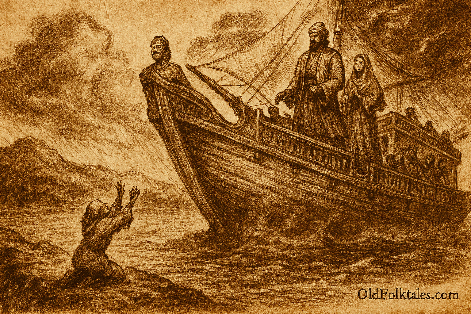 Sepia-toned parchment-style illustration depicting the Brunei folktale of Nakhoda Manis. A grand, ornately carved ship with billowing sails is anchored on the stormy Brunei River. On the deck, Nakhoda Manis stands in luxurious robes beside his noble wife, both looking down at an elderly woman kneeling on the riverbank. The widow, dressed in tattered clothes, raises her hands in anguish as her banana-leaf-wrapped cakes lie scattered. Dark clouds swirl above, lightning illuminates the scene, and the ship’s hull begins to transform into stone. “OldFolktales.com” is inscribed at the bottom right corner.