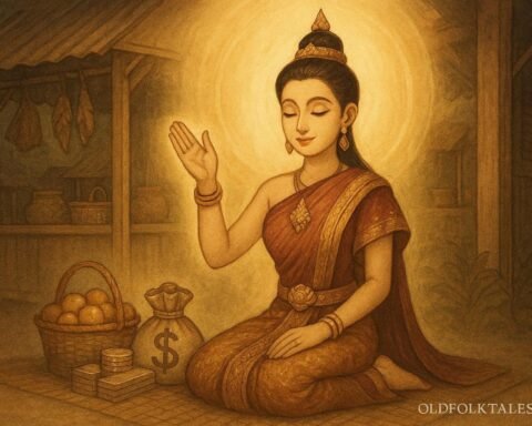 A gentle image of Nang Kwak seated with a raised beckoning hand, symbolizing prosperity in Thai folklore.