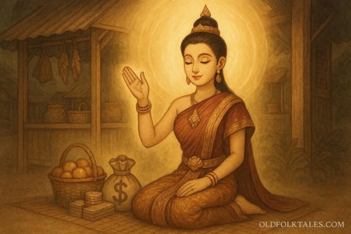 A gentle image of Nang Kwak seated with a raised beckoning hand, symbolizing prosperity in Thai folklore.