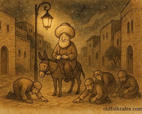 Parchment style artwork of Nasreddin Hodja searching under a lamppost in a Palestinian folktale scene.