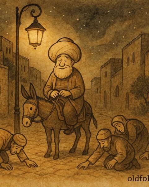 Parchment style artwork of Nasreddin Hodja searching under a lamppost in a Palestinian folktale scene.