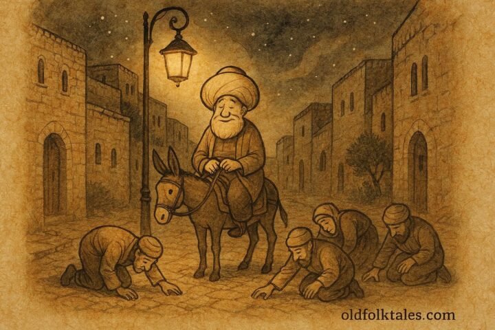 Parchment style artwork of Nasreddin Hodja searching under a lamppost in a Palestinian folktale scene.