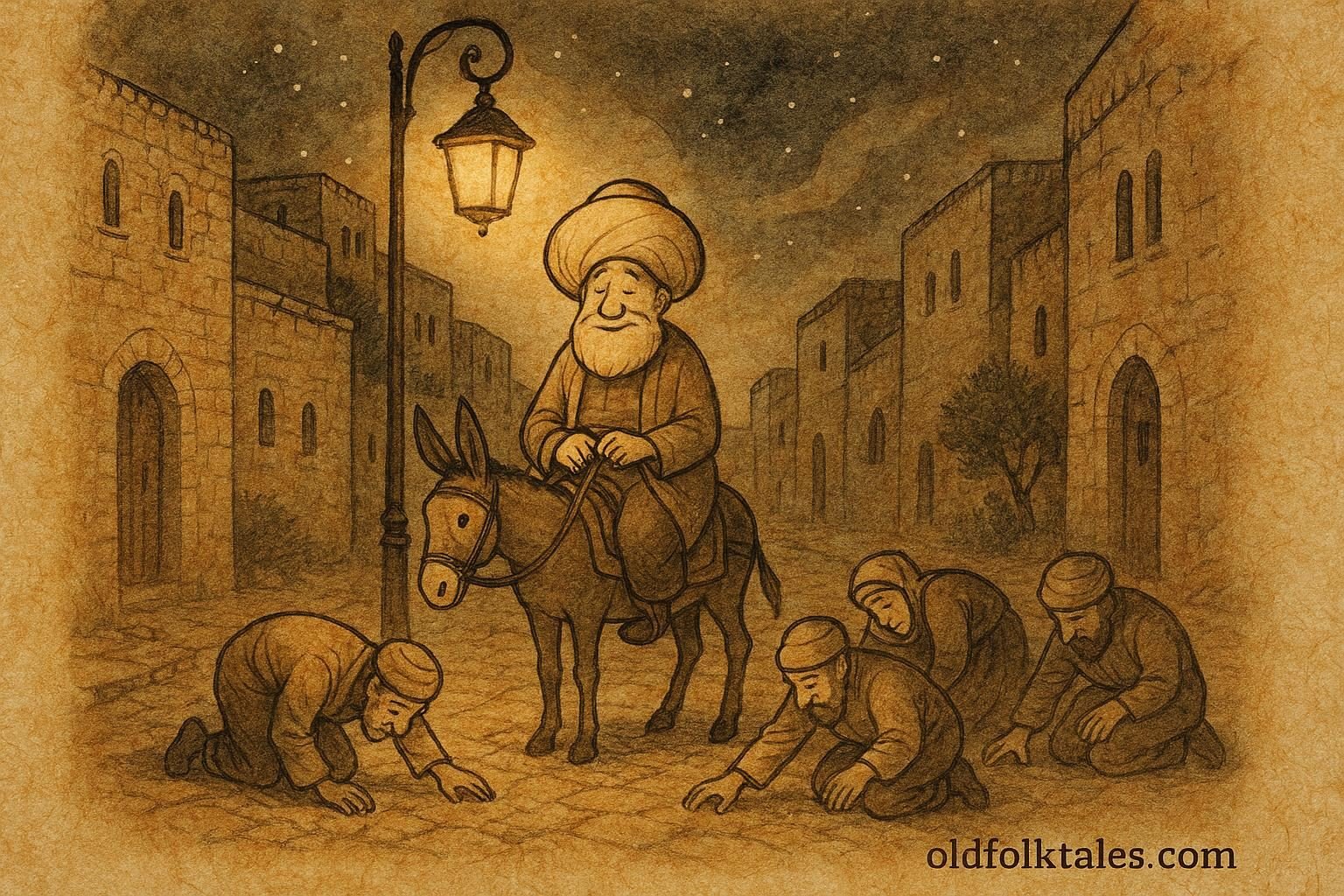 Parchment style artwork of Nasreddin Hodja searching under a lamppost in a Palestinian folktale scene.