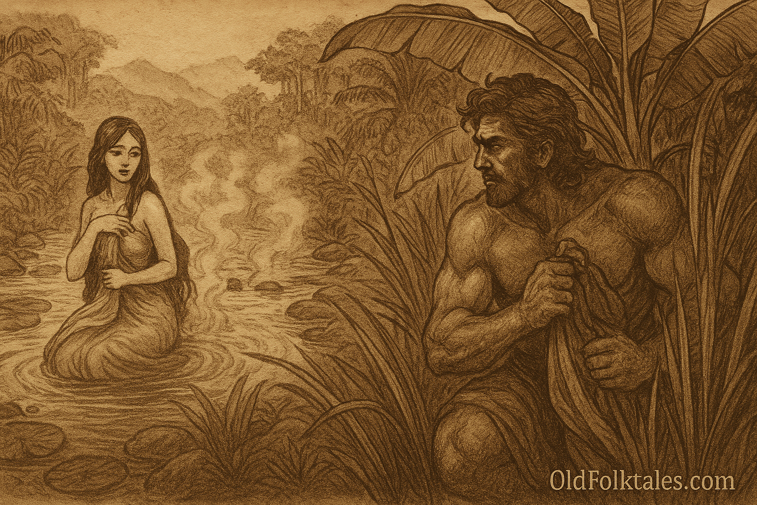 Sepia-toned parchment illustration that captures the folktale moment with Jaka Tarub hidden among banana leaves clutching Nawang Wulan’s celestial shawl, while the luminous maidens bathe in the sacred pond under misty forest skies. The aged rice parchment texture and antique sepia tones give it the timeless, haunting atmosphere you asked for, with OldFolktales.com inscribed elegantly at the bottom right.