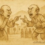 Parchment-style illustration of One-Tooth and Two-Teeth arguing in a Syrian folktale scene.