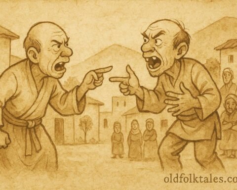 Parchment-style illustration of One-Tooth and Two-Teeth arguing in a Syrian folktale scene.