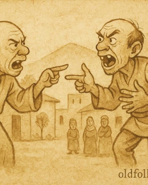 Parchment-style illustration of One-Tooth and Two-Teeth arguing in a Syrian folktale scene.