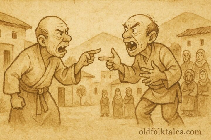 Parchment-style illustration of One-Tooth and Two-Teeth arguing in a Syrian folktale scene.