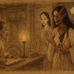 The scholar watching a demon reveal itself beneath painted human skin, Chinese folklore.