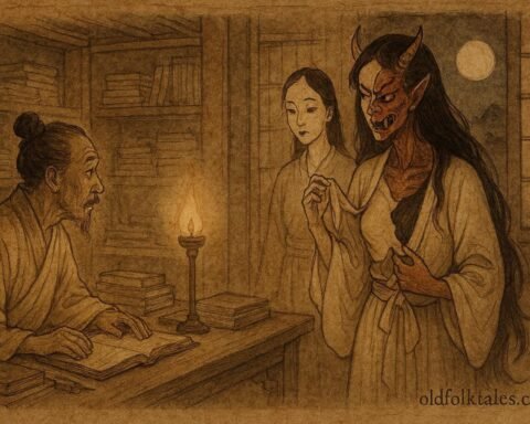 The scholar watching a demon reveal itself beneath painted human skin, Chinese folklore.