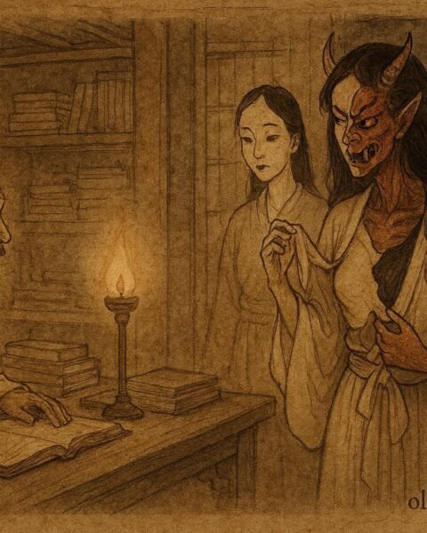 The scholar watching a demon reveal itself beneath painted human skin, Chinese folklore.