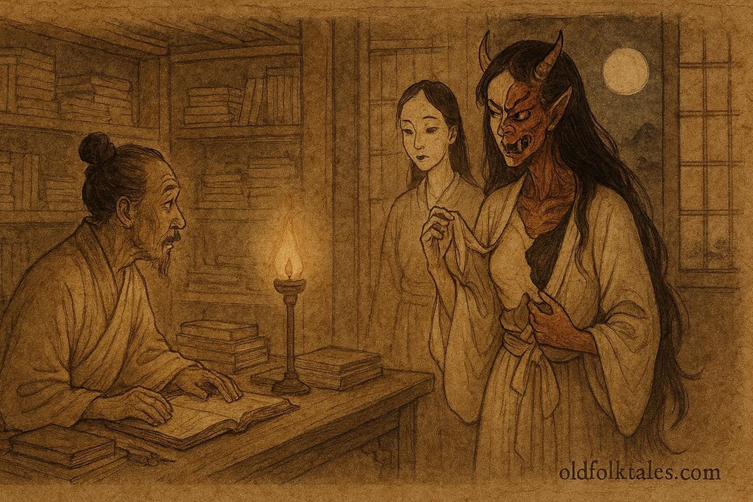 The scholar watching a demon reveal itself beneath painted human skin, Chinese folklore.