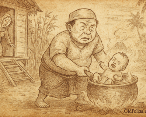 Sepia-toned illustration on aged parchment showing Pak Pandir, a portly villager in simple Malay attire, holding a crying baby awkwardly as he lowers it toward a large clay pot of boiling water set over a fire. His face is wide-eyed and determined, reflecting his foolish logic. To the side, Mak Andeh bursts from the doorway of a stilted wooden house, her arms outstretched in horror as she rushes to stop him. Coconut palms and bamboo plants frame the kampung village background. “OldFolktales.com” is inscribed in the bottom right corner.