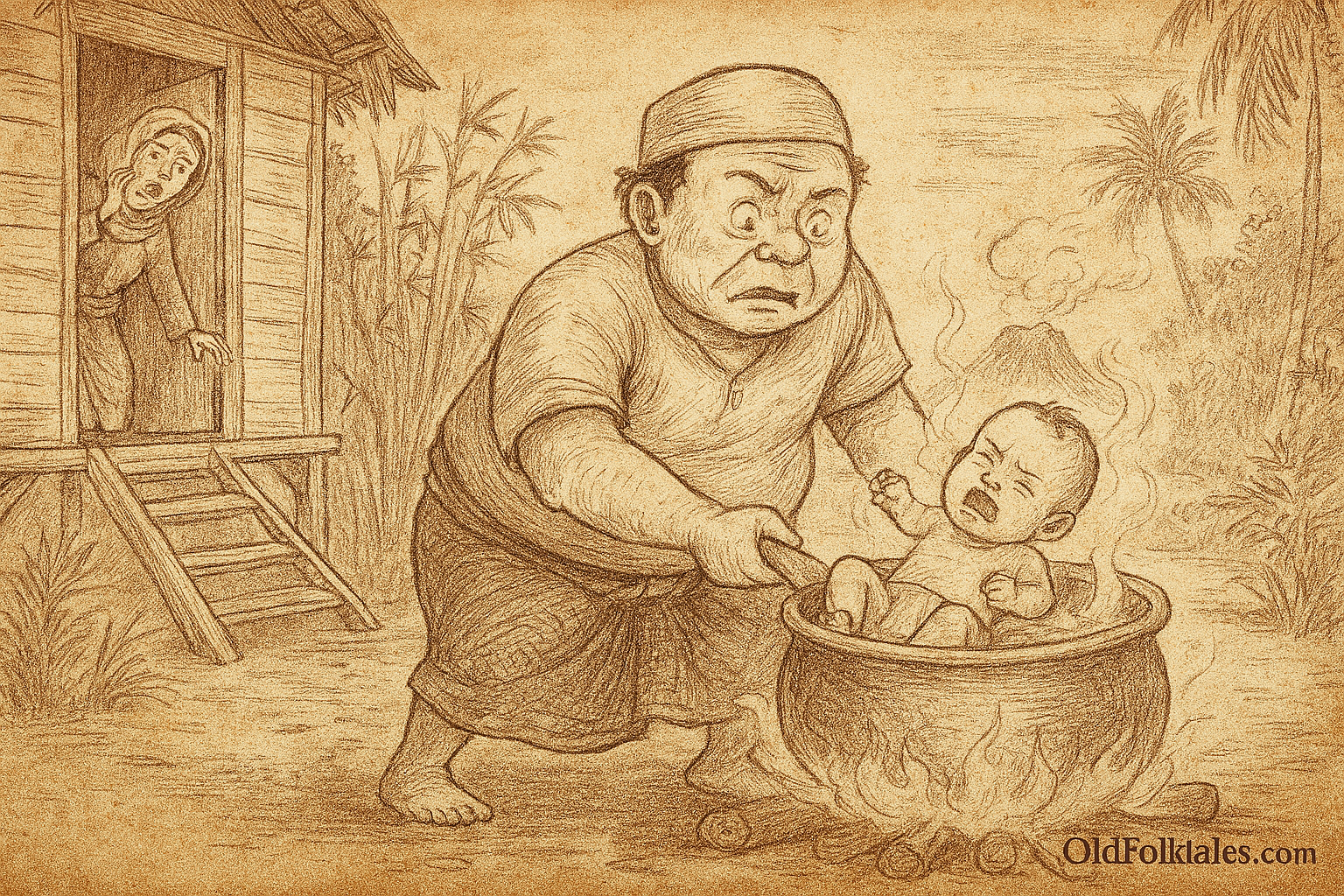 Sepia-toned illustration on aged parchment showing Pak Pandir, a portly villager in simple Malay attire, holding a crying baby awkwardly as he lowers it toward a large clay pot of boiling water set over a fire. His face is wide-eyed and determined, reflecting his foolish logic. To the side, Mak Andeh bursts from the doorway of a stilted wooden house, her arms outstretched in horror as she rushes to stop him. Coconut palms and bamboo plants frame the kampung village background. “OldFolktales.com” is inscribed in the bottom right corner.