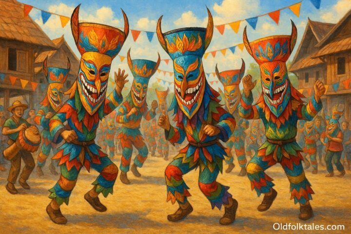 Villagers wearing brightly painted Phi Ta Khon spirit masks dancing joyfully during a festival procession.