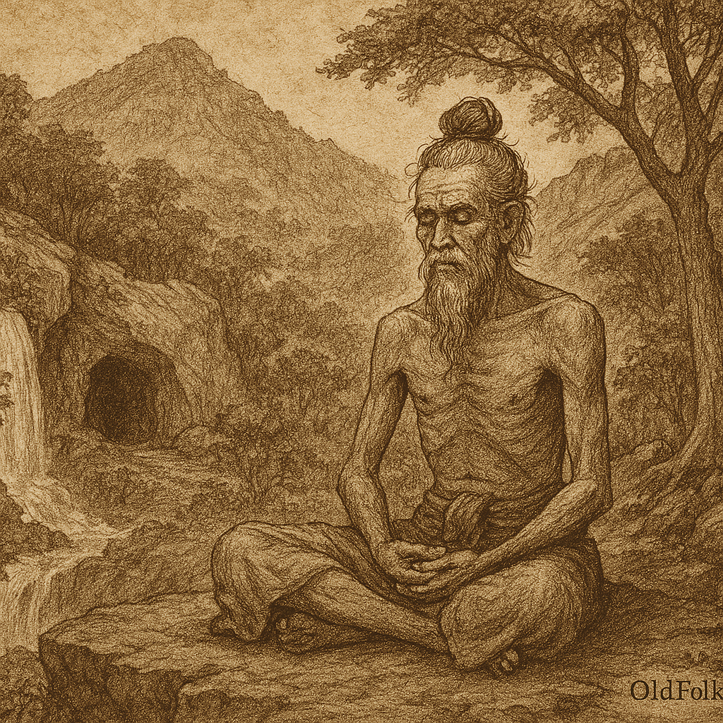 Sepia-toned illustration on aged rice parchment showing a holy hermit meditating cross-legged on a rocky ledge near a cave on Phnom Kulen. A waterfall cascades nearby, surrounded by dense forest and misty mountains. The hermit’s emaciated body and serene expression reflect deep spiritual devotion. “OldFolktales.com” is inscribed at the bottom right.