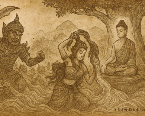sepia-toned parchment illustration of Phra Mae Thorani’s divine intervention is ready. It captures the Earth Goddess rising from beneath the Bodhi Tree, wringing torrents of sacred water from her hair to wash away Mara’s demonic army, while the Buddha sits in serene meditation. At the bottom right, the inscription OldFolktales.com is included.