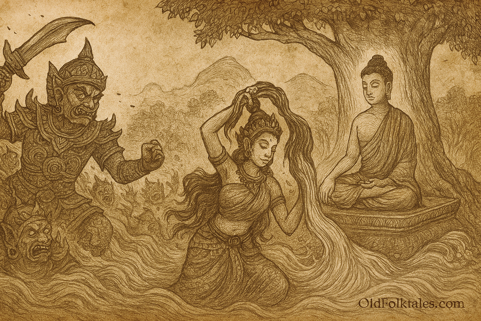 sepia-toned parchment illustration of Phra Mae Thorani’s divine intervention is ready. It captures the Earth Goddess rising from beneath the Bodhi Tree, wringing torrents of sacred water from her hair to wash away Mara’s demonic army, while the Buddha sits in serene meditation. At the bottom right, the inscription OldFolktales.com is included.