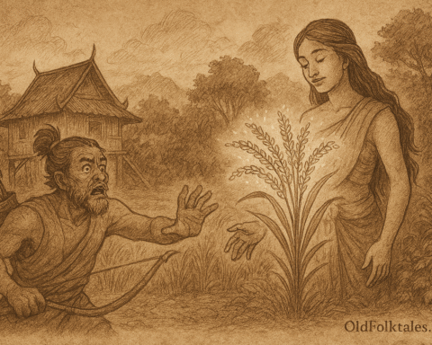 Instructions: Generate a landscape-format, aged rice parchment-style illustration showing: [describe the folktale scene: characters, setting, and action] Write OldFolktales.com at the bottom right of the image give life to the image make it suite the story and make iot real and fascinitating remember sepia illustration...