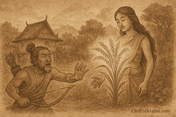 Instructions: Generate a landscape-format, aged rice parchment-style illustration showing: [describe the folktale scene: characters, setting, and action] Write OldFolktales.com at the bottom right of the image give life to the image make it suite the story and make iot real and fascinitating remember sepia illustration...