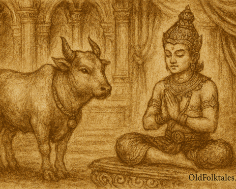 Sepia-toned parchment-style illustration depicting the Cambodian folktale of Preah Ko and Preah Keo. In a majestic palace courtyard, Preah Keo, a radiant divine boy in ornate traditional attire, sits serenely on a raised platform with hands in prayer. Beside him stands Preah Ko, a pristine white bull with gleaming horns and a calm, intelligent gaze. Intricate Khmer architecture frames the scene with carved columns and draped curtains. The atmosphere is reverent and mystical, evoking divine protection. “OldFolktales.com” is inscribed at the bottom right corner.
