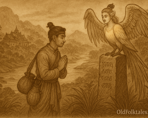 A sepia-toned illustration on aged rice parchment depicts Prince Khuang standing humbly before a radiant golden bird perched atop a carved stone pillar on a misty mountain plateau. The prince wears simple traveler's robes and carries a bamboo flask and cloth satchel, his hands clasped in reverence. The celestial bird, with luminous feathers and a serene human-like face, gazes down at him, wings partially spread. In the background, mist-covered mountains, a winding river, and a traditional Lao temple nestled among trees evoke a sacred, timeless atmosphere. "OldFolktales.com" is inscribed in the bottom right corner.