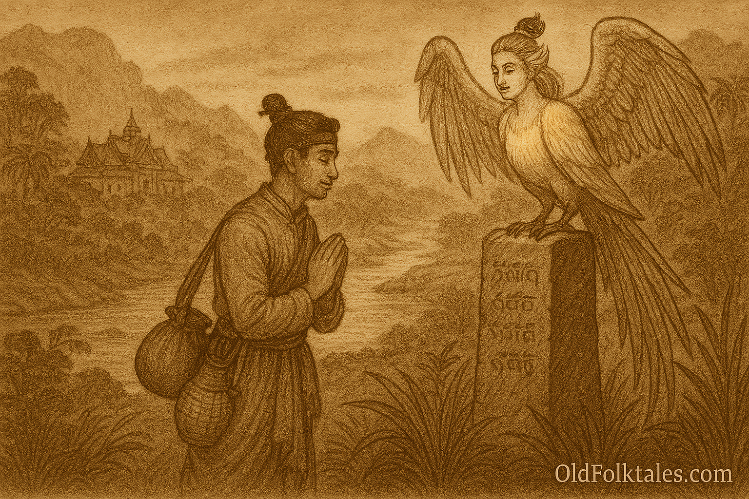 A sepia-toned illustration on aged rice parchment depicts Prince Khuang standing humbly before a radiant golden bird perched atop a carved stone pillar on a misty mountain plateau. The prince wears simple traveler's robes and carries a bamboo flask and cloth satchel, his hands clasped in reverence. The celestial bird, with luminous feathers and a serene human-like face, gazes down at him, wings partially spread. In the background, mist-covered mountains, a winding river, and a traditional Lao temple nestled among trees evoke a sacred, timeless atmosphere. "OldFolktales.com" is inscribed in the bottom right corner.