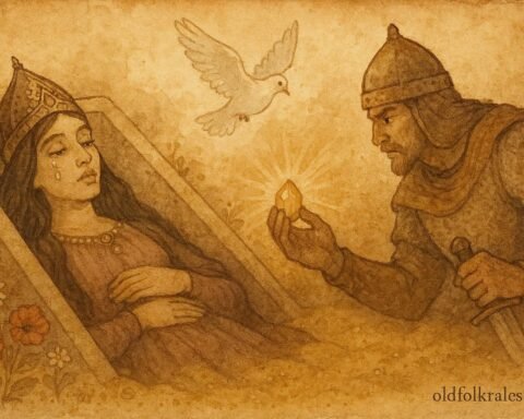 Parchment-style artwork of Princess Aubergine awakening, Uzbek fairy tale scene.