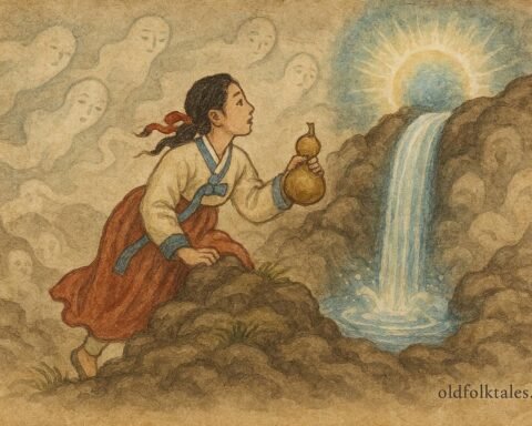 Princess Bari gathering the water of life at a glowing spring in Korean folklore.