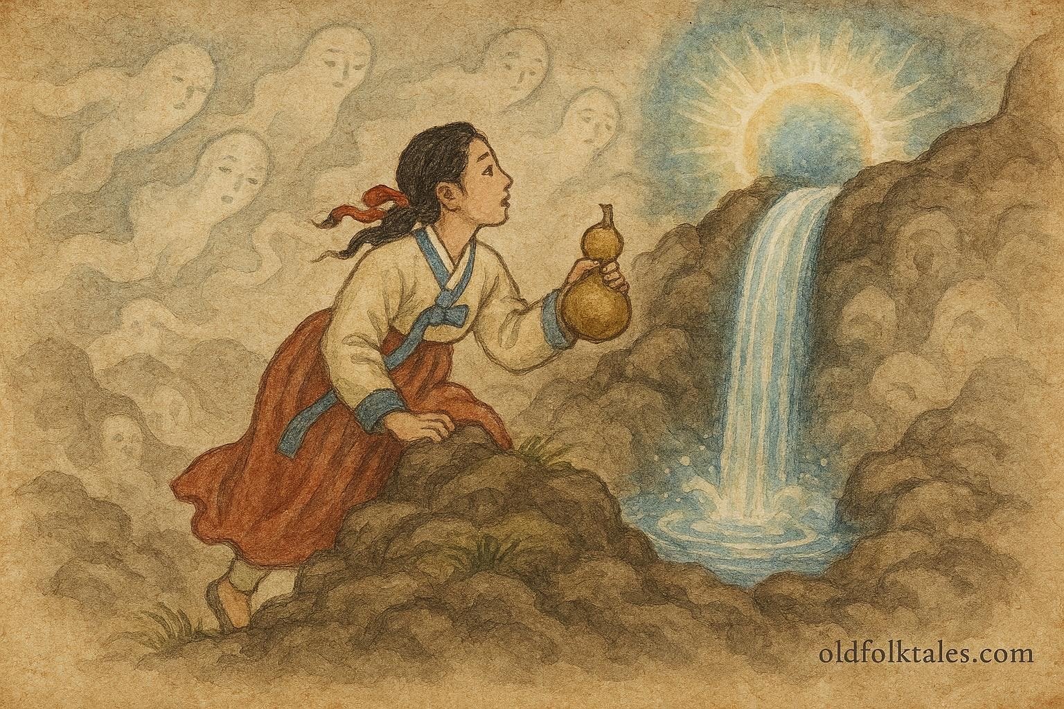 Princess Bari gathering the water of life at a glowing spring in Korean folklore.