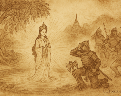 Sepia-toned illustration on aged rice parchment showing Princess Saw Mon Hla’s radiant spirit rising from a glowing sacred pond, dressed in flowing white robes and surrounded by a luminous aura. A majestic mango tree with golden fruit stands beside her, while kneeling soldiers in traditional armor lower their weapons in awe. Misty mountains and a pagoda temple form the serene background. “OldFolktales.com” is inscribed at the bottom right.