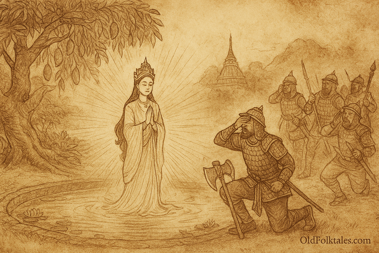 Sepia-toned illustration on aged rice parchment showing Princess Saw Mon Hla’s radiant spirit rising from a glowing sacred pond, dressed in flowing white robes and surrounded by a luminous aura. A majestic mango tree with golden fruit stands beside her, while kneeling soldiers in traditional armor lower their weapons in awe. Misty mountains and a pagoda temple form the serene background. “OldFolktales.com” is inscribed at the bottom right.