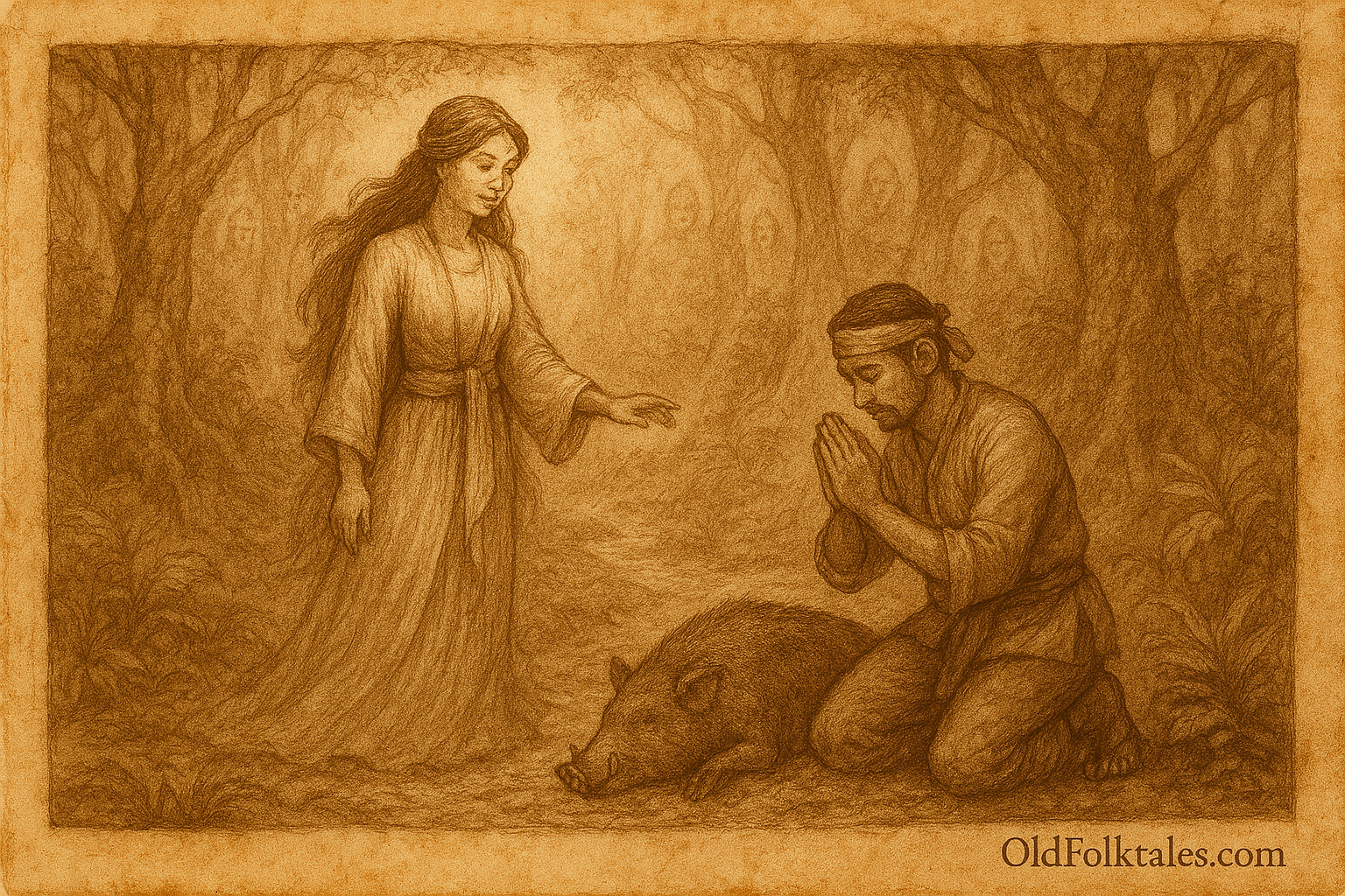 Sepia-toned illustration on aged rice parchment showing Puteri Gunung Patoi, the mystical forest guardian, guiding the respectful hunter Awang through the misty rainforest of Gunung Patoi in Brunei. The princess glows with ethereal beauty, her traditional dress untouched by the forest, while Awang kneels beside a cleanly hunted boar, offering gratitude. Forest spirits linger in the mist and trees, evoking reverence and mystery. 'OldFolktales.com' inscribed at bottom right.