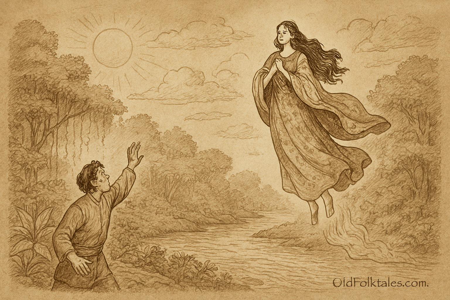 Sepia-toned parchment-style landscape illustration of the Malaysian folktale Puteri Kayangan at Sungai Kebun. A luminous celestial maiden with flowing dark silk hair bathes in the glowing river, her radiant starlight garment draped on the bank. Awang hides among jungle foliage clutching the garment, while ancient trees and vines frame the sacred scene. The atmosphere is mystical and reverent, with 'OldFolktales.com' inscribed at the bottom right